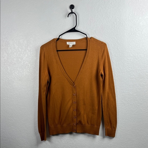 Forever 21 Women's V-Neck Button-Up Cardigan Brown Sz S Long Sleeve Office Core - Picture 1 of 8